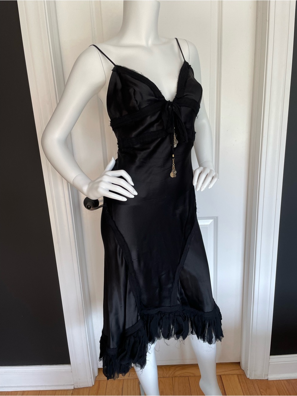 ROBERTO CAVALLI S/S 2004 Vintage Corset Black Silk Ruffle Midi Slip Dress S - Picture 11 of 11